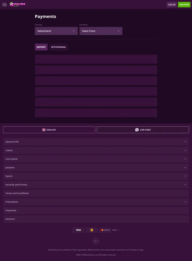 MalinaCasino payment methods page