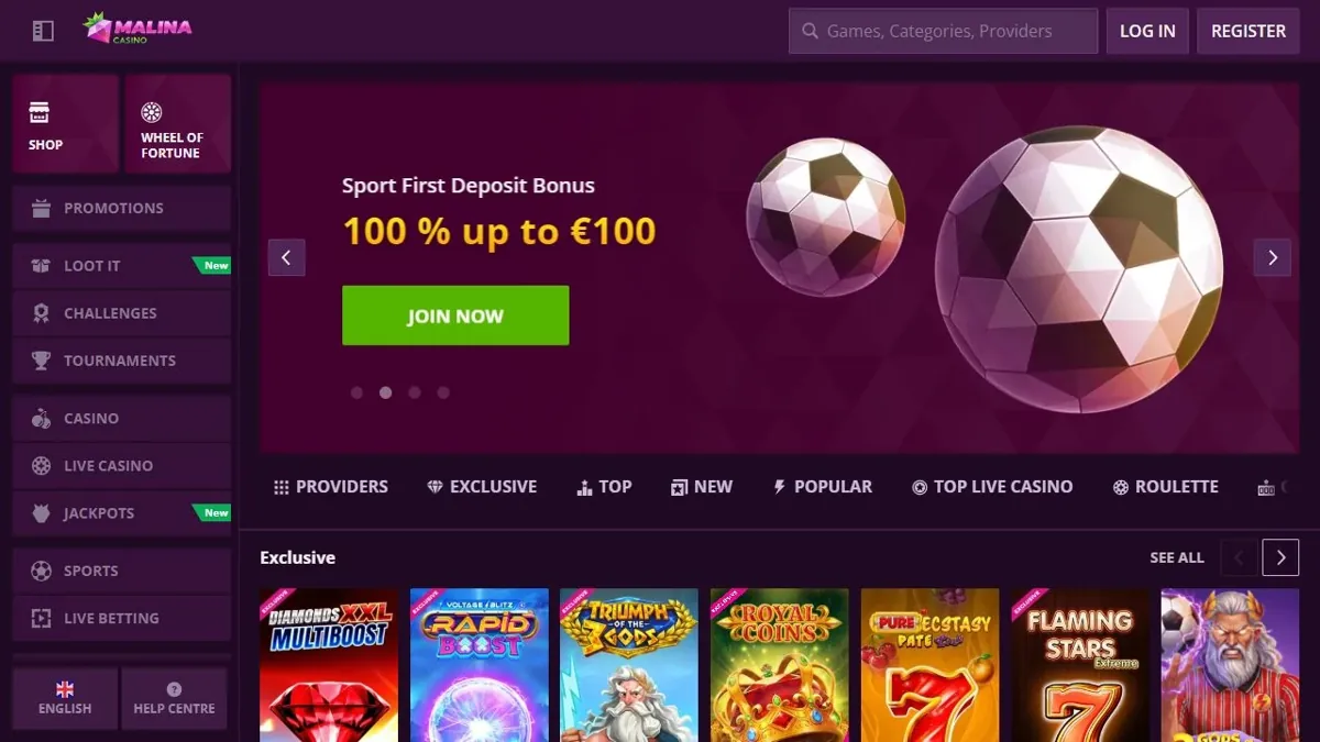 Malina Casino product interface from the supplied capture
