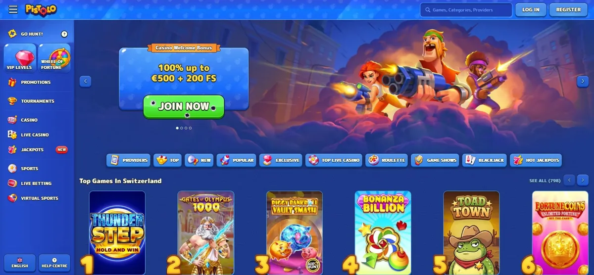 Pistolo casino lobby and game categories
