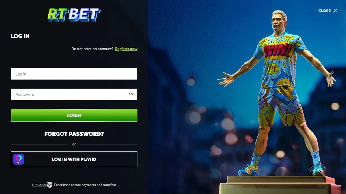 RTBet login page with password recovery and PlayID option