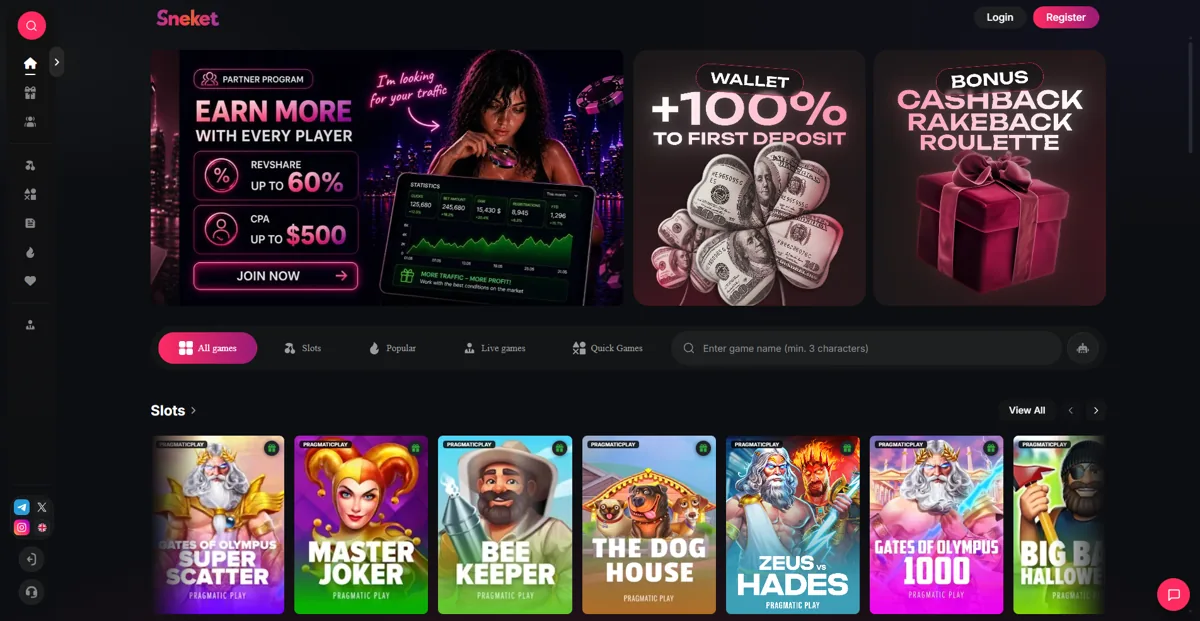 Sneket Casino product interface from the supplied capture
