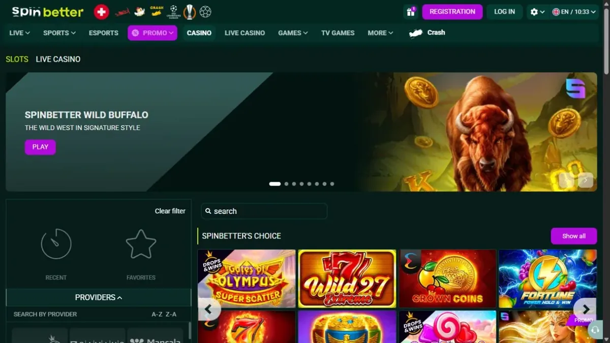 Spinbetter casino lobby and games