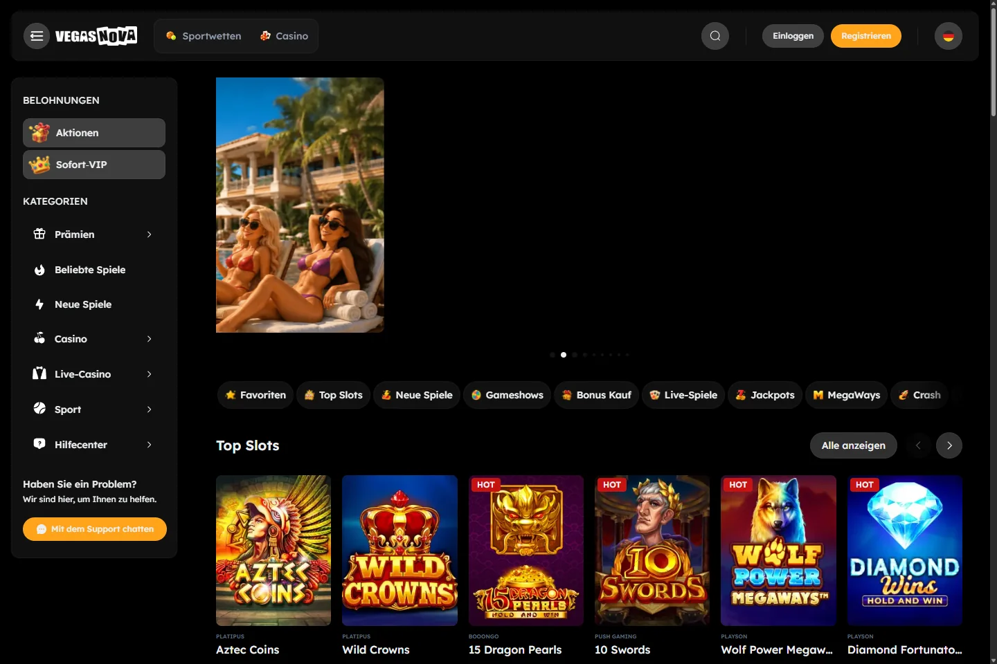 VegasNova German home interface with no signed-in account