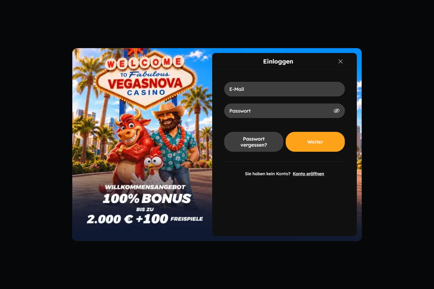 VegasNova German login interface with no signed-in account