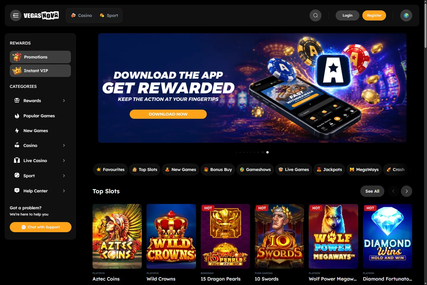 VegasNova English home interface with no signed-in account