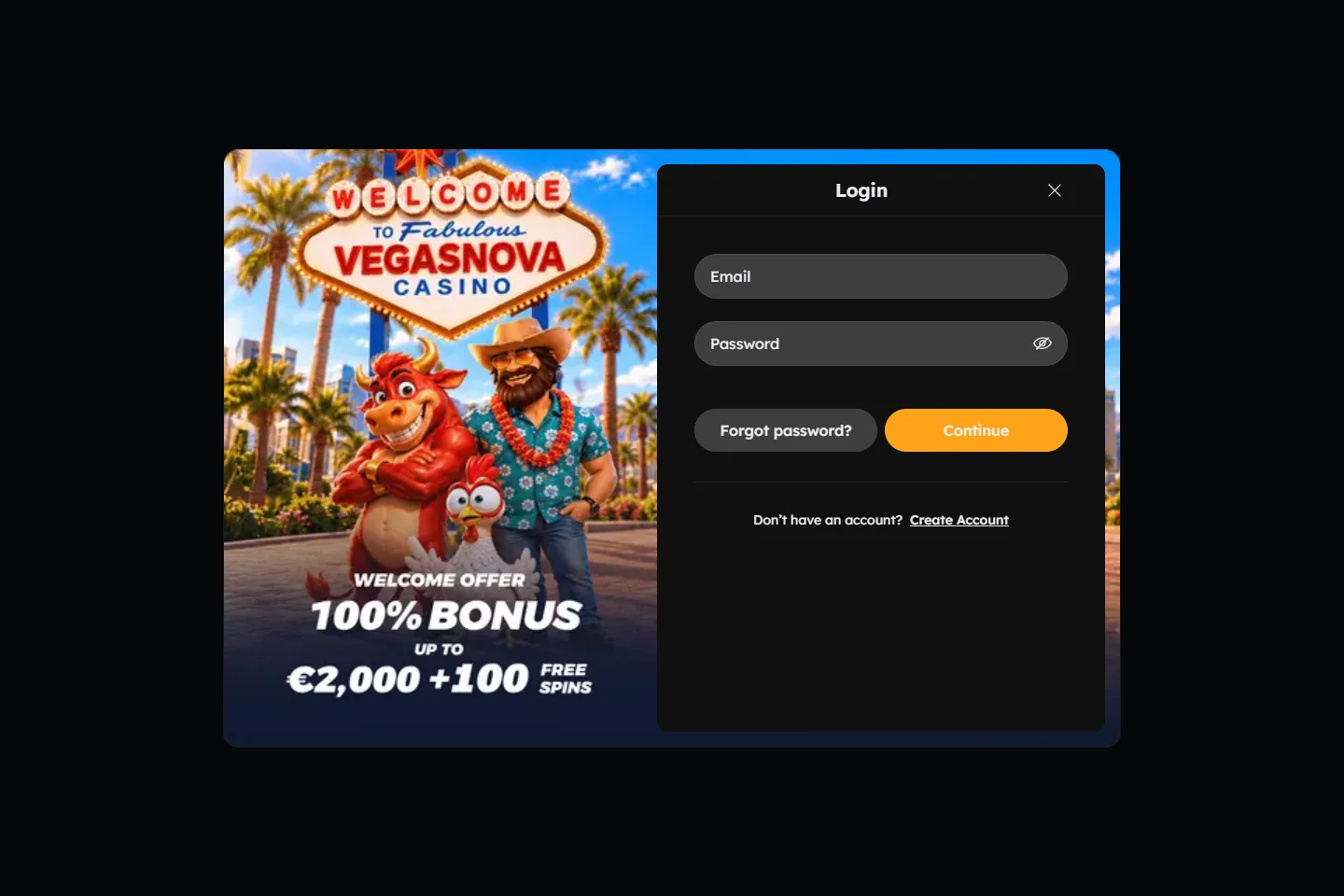 VegasNova English login interface with no signed-in account