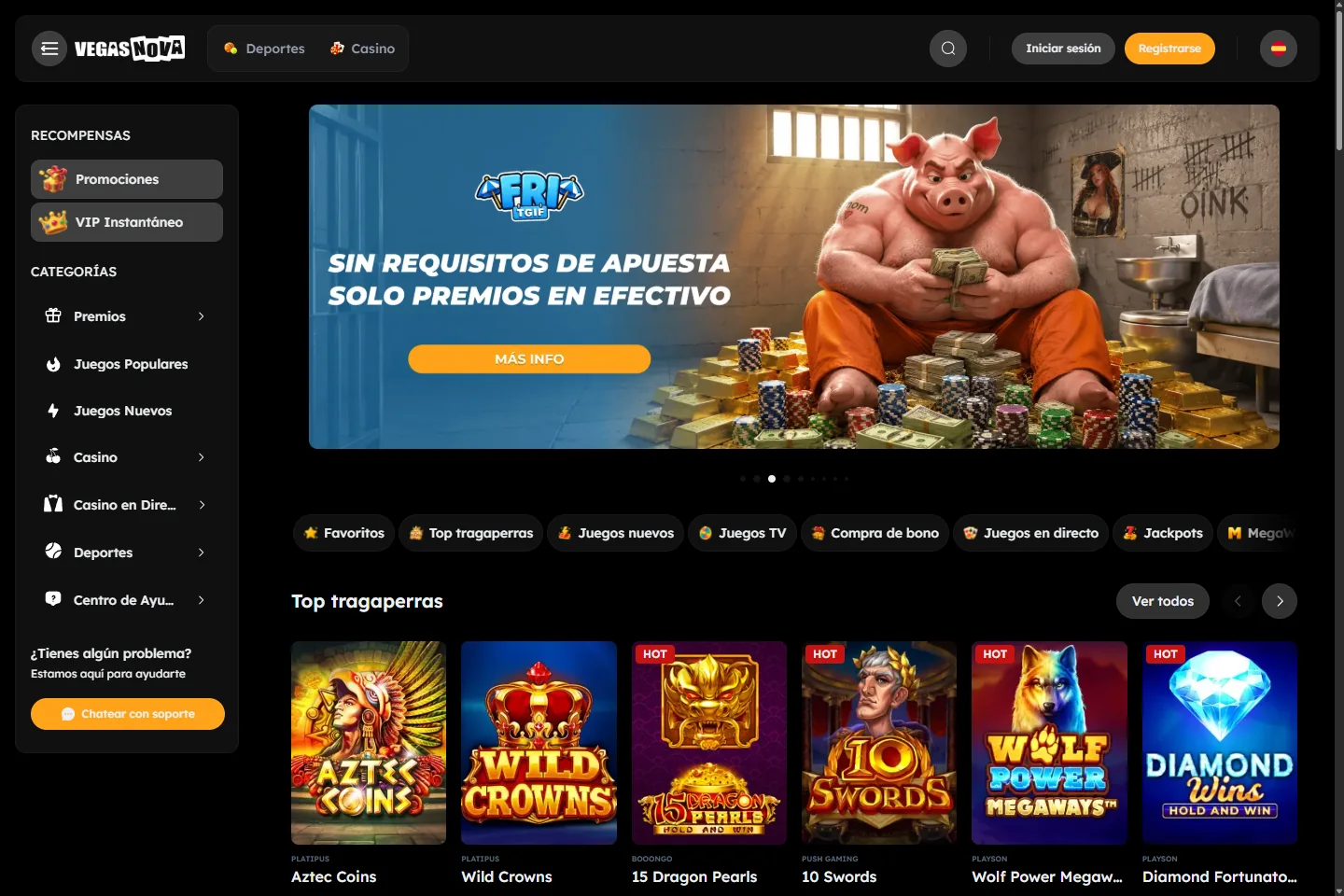 VegasNova Spanish home interface with no signed-in account