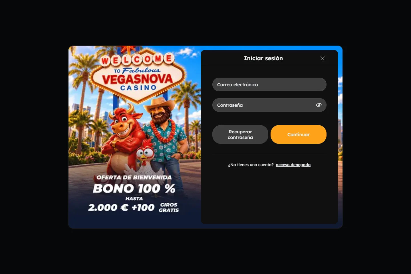 VegasNova Spanish login interface with no signed-in account